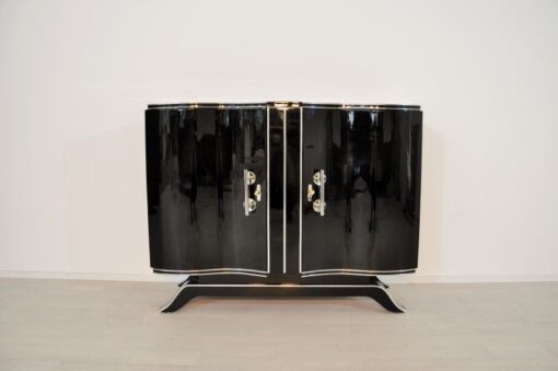 Art Deco, Commode, Wood, black, highgloss, pianolacquer, antique, chrome, original, restored, lacquerd, curved doors