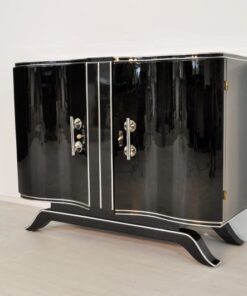 Art Deco, Commode, Wood, black, highgloss, pianolacquer, antique, chrome, original, restored, lacquerd, curved doors