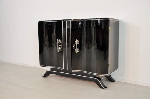 Art Deco, Commode, Wood, black, highgloss, pianolacquer, antique, chrome, original, restored, lacquerd, curved doors