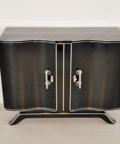 Art Deco, Commode, Wood, black, highgloss, pianolacquer, antique, chrome, original, restored, lacquerd, curved doors