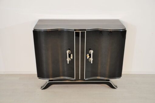 Art Deco, Commode, Wood, black, highgloss, pianolacquer, antique, chrome, original, restored, lacquerd, curved doors