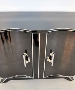 Art Deco, Commode, Wood, black, highgloss, pianolacquer, antique, chrome, original, restored, lacquerd, curved doors