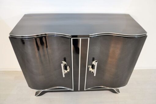 Art Deco, Commode, Wood, black, highgloss, pianolacquer, antique, chrome, original, restored, lacquerd, curved doors