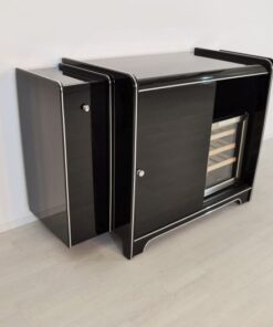 Art Deco, wine cooler, sideboard, bar, black, highgloss, pianolacquer, bottleholder, extensions, antique, chrome, original