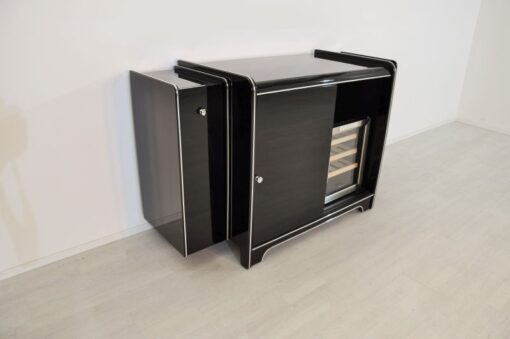 Art Deco, wine cooler, sideboard, bar, black, highgloss, pianolacquer, bottleholder, extensions, antique, chrome, original