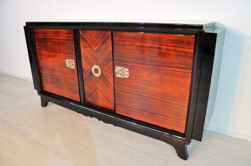 Art Deco, Sideboard, Macassar, veneer, brass, ornamentation, pianolacquer, bar compartment, unique pattern, original piece, france