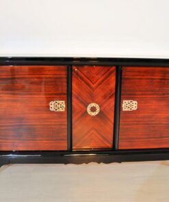 Art Deco, Sideboard, Macassar, veneer, brass, ornamentation, pianolacquer, bar compartment, unique pattern, original piece, france