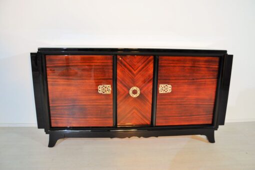 Art Deco, Sideboard, Macassar, veneer, brass, ornamentation, pianolacquer, bar compartment, unique pattern, original piece, france