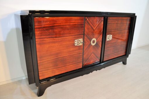 Art Deco, Sideboard, Macassar, veneer, brass, ornamentation, pianolacquer, bar compartment, unique pattern, original piece, france