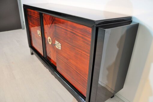 Art Deco, Sideboard, Macassar, veneer, brass, ornamentation, pianolacquer, bar compartment, unique pattern, original piece, france