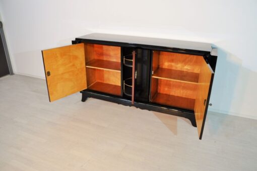 Art Deco, Sideboard, Macassar, veneer, brass, ornamentation, pianolacquer, bar compartment, unique pattern, original piece, france