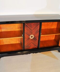 Art Deco, Sideboard, Macassar, veneer, brass, ornamentation, pianolacquer, bar compartment, unique pattern, original piece, france