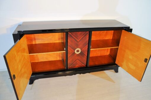 Art Deco, Sideboard, Macassar, veneer, brass, ornamentation, pianolacquer, bar compartment, unique pattern, original piece, france