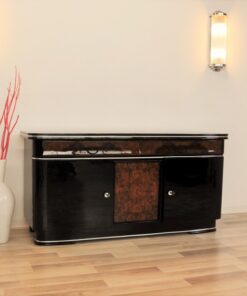 original, art deco, sideboard, buffet, walnut wood, drawers,burl, details, applications, front, pianolacquer, living room, antique, furniture