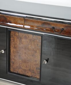 original, art deco, sideboard, buffet, walnut wood, drawers,burl, details, applications, front, pianolacquer, living room, antique, furniture