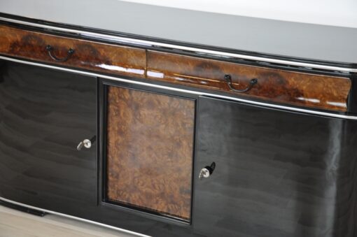 original, art deco, sideboard, buffet, walnut wood, drawers,burl, details, applications, front, pianolacquer, living room, antique, furniture