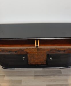 original, art deco, sideboard, buffet, walnut wood, drawers,burl, details, applications, front, pianolacquer, living room, antique, furniture