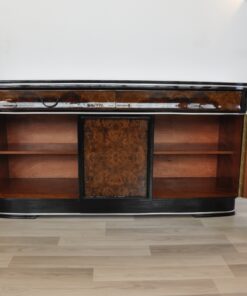 original, art deco, sideboard, buffet, walnut wood, drawers,burl, details, applications, front, pianolacquer, living room, antique, furniture