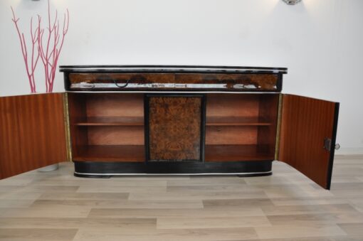 original, art deco, sideboard, buffet, walnut wood, drawers,burl, details, applications, front, pianolacquer, living room, antique, furniture