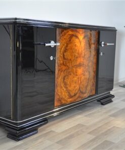 Art Deco, furniture, Buffet, Sideboard, living room, burl wood, front, curved doors, pianolacquer, polished, unique, walnut