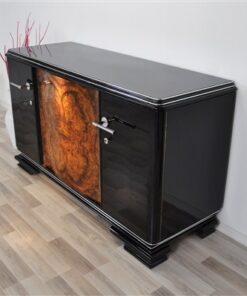 Art Deco, furniture, Buffet, Sideboard, living room, burl wood, front, curved doors, pianolacquer, polished, unique, walnut