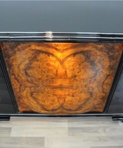 Art Deco, furniture, Buffet, Sideboard, living room, burl wood, front, curved doors, pianolacquer, polished, unique, walnut