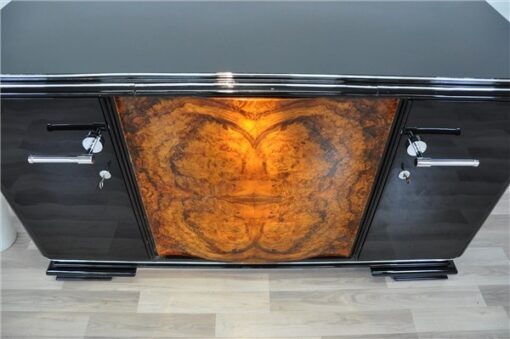 Art Deco, furniture, Buffet, Sideboard, living room, burl wood, front, curved doors, pianolacquer, polished, unique, walnut