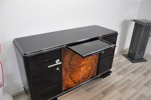 Art Deco, furniture, Buffet, Sideboard, living room, burl wood, front, curved doors, pianolacquer, polished, unique, walnut