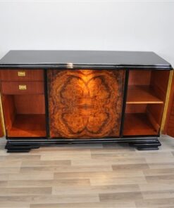 Art Deco, furniture, Buffet, Sideboard, living room, burl wood, front, curved doors, pianolacquer, polished, unique, walnut