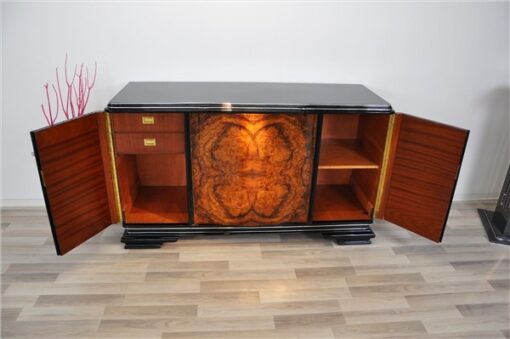 Art Deco, furniture, Buffet, Sideboard, living room, burl wood, front, curved doors, pianolacquer, polished, unique, walnut