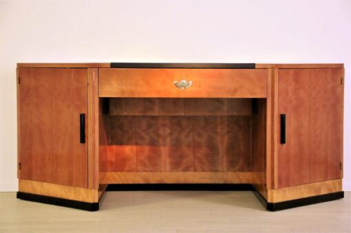 art deco desk, hexagonale tabletop, cherry wood, mahogany wood, dark writing area, plenty of storage space, office furniture