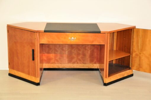 art deco desk, hexagonale tabletop, cherry wood, mahogany wood, dark writing area, plenty of storage space, office furniture