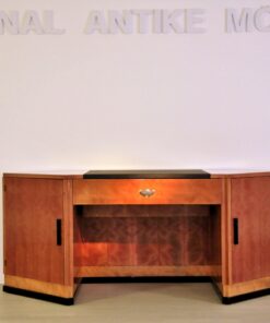 art deco desk, hexagonale tabletop, cherry wood, mahogany wood, dark writing area, plenty of storage space, office furniture