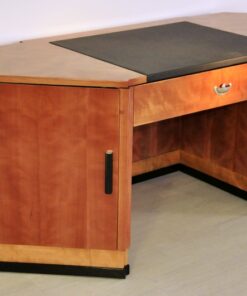 art deco desk, hexagonale tabletop, cherry wood, mahogany wood, dark writing area, plenty of storage space, office furniture