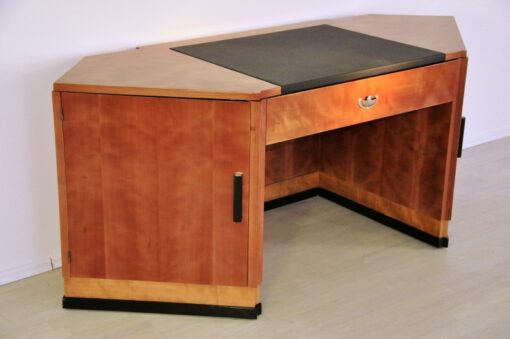 art deco desk, hexagonale tabletop, cherry wood, mahogany wood, dark writing area, plenty of storage space, office furniture