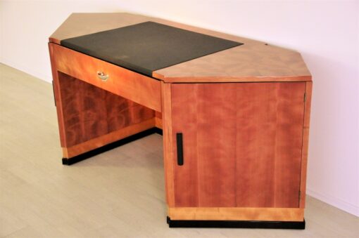 art deco desk, hexagonale tabletop, cherry wood, mahogany wood, dark writing area, plenty of storage space, office furniture