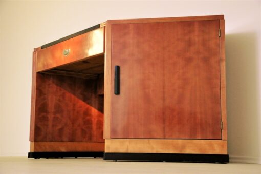 art deco desk, hexagonale tabletop, cherry wood, mahogany wood, dark writing area, plenty of storage space, office furniture