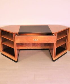 art deco desk, hexagonale tabletop, cherry wood, mahogany wood, dark writing area, plenty of storage space, office furniture