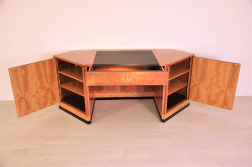 art deco desk, hexagonale tabletop, cherry wood, mahogany wood, dark writing area, plenty of storage space, office furniture