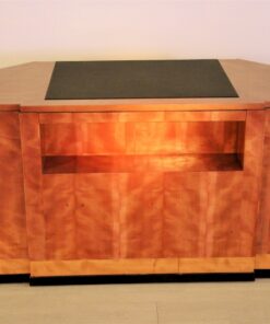 art deco desk, hexagonale tabletop, cherry wood, mahogany wood, dark writing area, plenty of storage space, office furniture