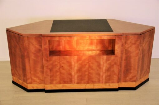 art deco desk, hexagonale tabletop, cherry wood, mahogany wood, dark writing area, plenty of storage space, office furniture