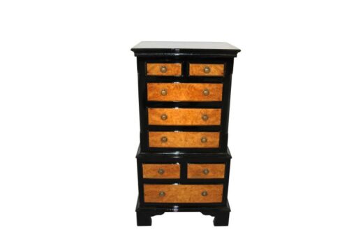 small chest of drawers, eight drawers, small commode, walnut wood, plenty of storage, small console, pianolacquer details