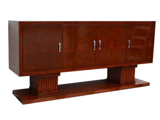 art deco sideboard, walnut wood, very spacious, four doors, two big column feet, closed bottom plate, square body form, living room furniture