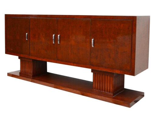 art deco sideboard, walnut wood, very spacious, four doors, two big column feet, closed bottom plate, square body form, living room furniture