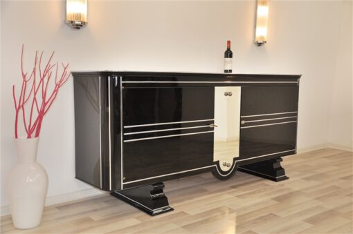 Art Deco, Sideboard, very, rare, exklusive, design, pianolacquer, mirror, stripe, chrome, bars, luxurious, living room, beautiful feet