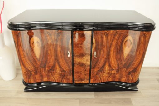 Vintage, Antique, Art Deco, Commode, Burwood, Veneer, Sideboard, Pianolacquer, polished, highgloss, curved doors, living room, design