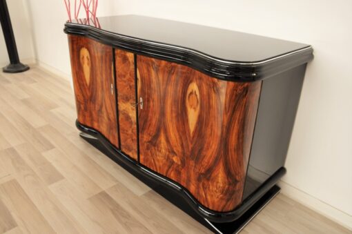 Vintage, Antique, Art Deco, Commode, Burwood, Veneer, Sideboard, Pianolacquer, polished, highgloss, curved doors, living room, design