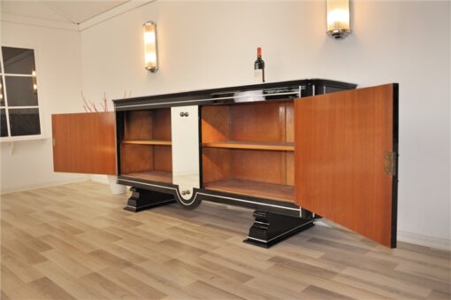 Art Deco, Sideboard, very, rare, exklusive, design, pianolacquer, mirror, stripe, chrome, bars, luxurious, living room, beautiful feet