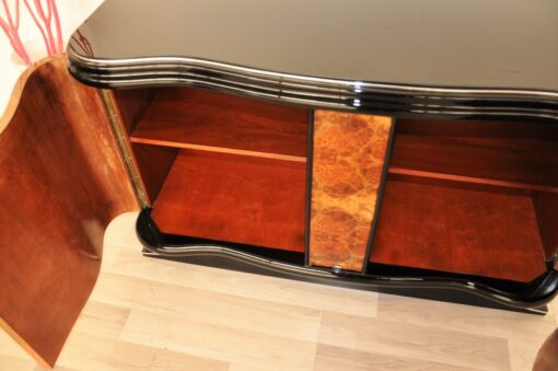 Vintage, Antique, Art Deco, Commode, Burwood, Veneer, Sideboard, Pianolacquer, polished, highgloss, curved doors, living room, design