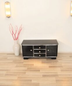 Art Deco, Sideboard, Kommode, Buffet, Hochglanz, Schwarz, Chromgriffe, Chromlinien, Design, Moebel, elegant, poliert, Wohnzimmer